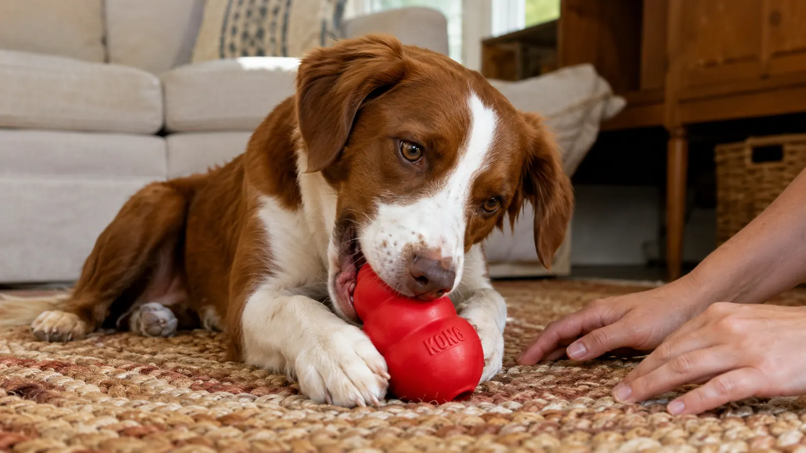 A brown-and-white dog holding a red rubber KONG toy in its mouth and chewing it contentedly on a braided rug