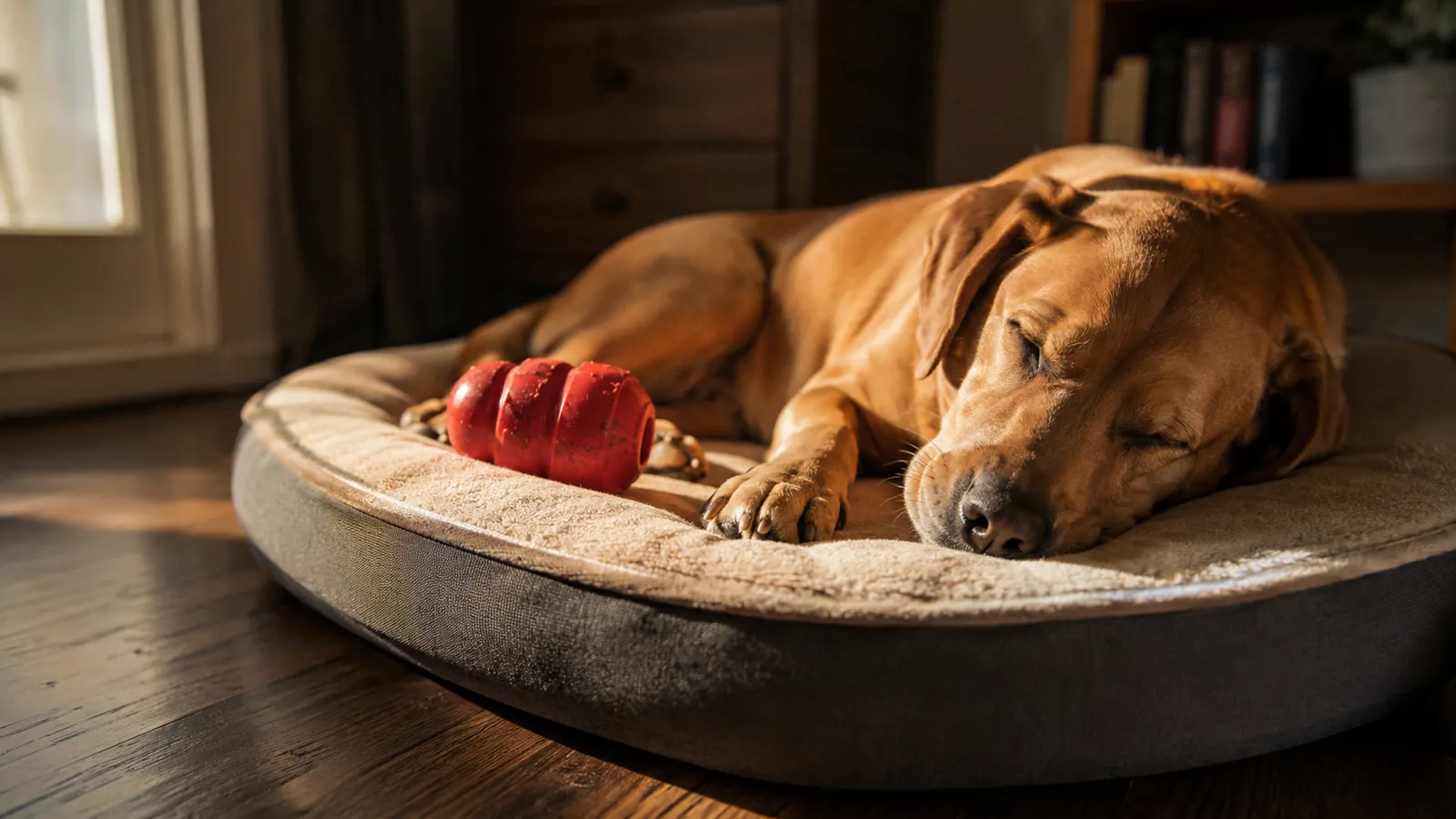 A tired dog curled up asleep on a dog bed with a red KONG toy resting beside it