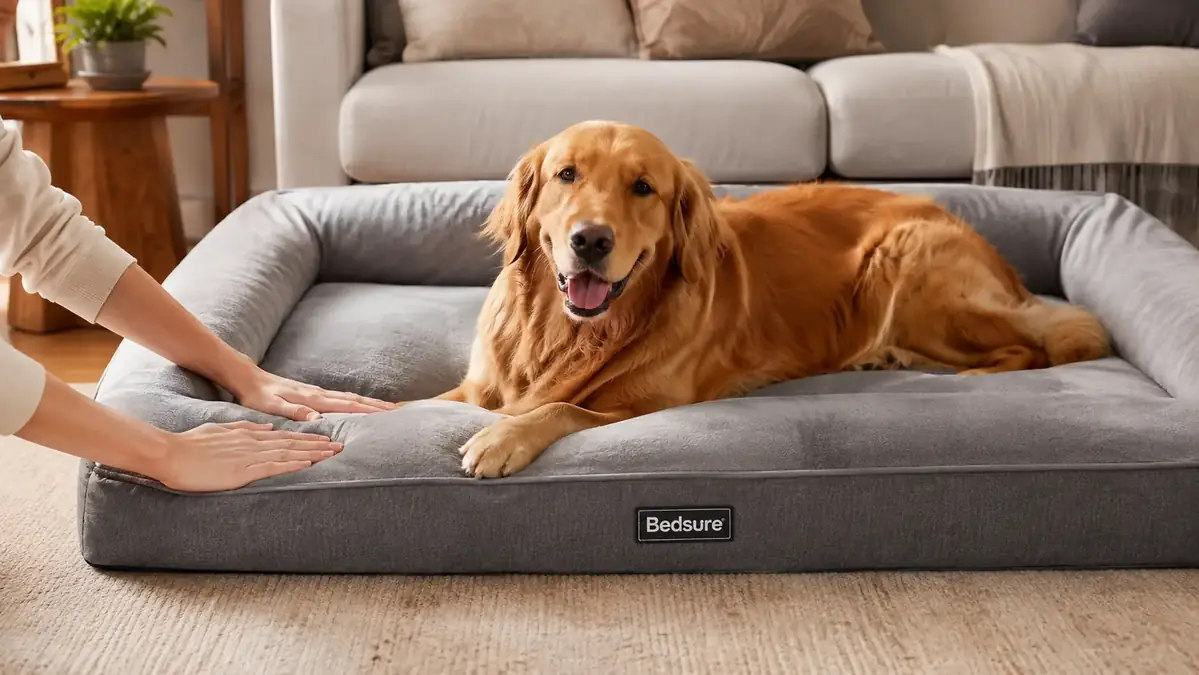 A hand patting down the thick memory foam pad of a gray orthopedic dog bed with washable cover