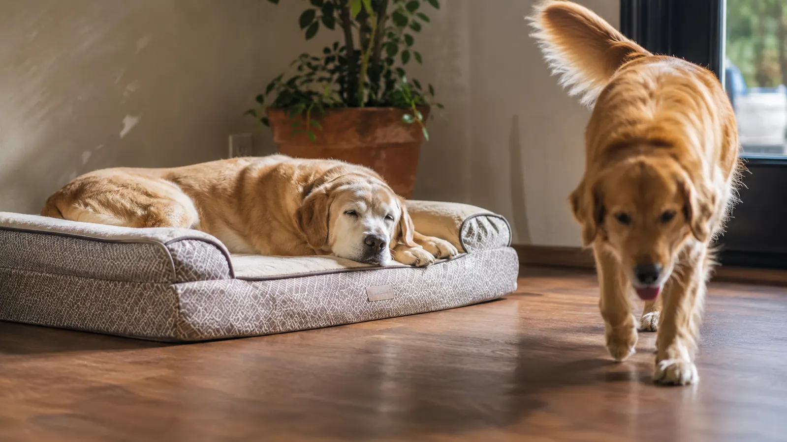 An old dog lying on a warm orthopedic bed in a cozy corner while a second younger dog passes by on the floor