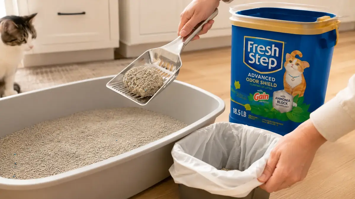 A hand lifting a firm, clean clump out of a litter box with a stainless scoop into a small trash bag