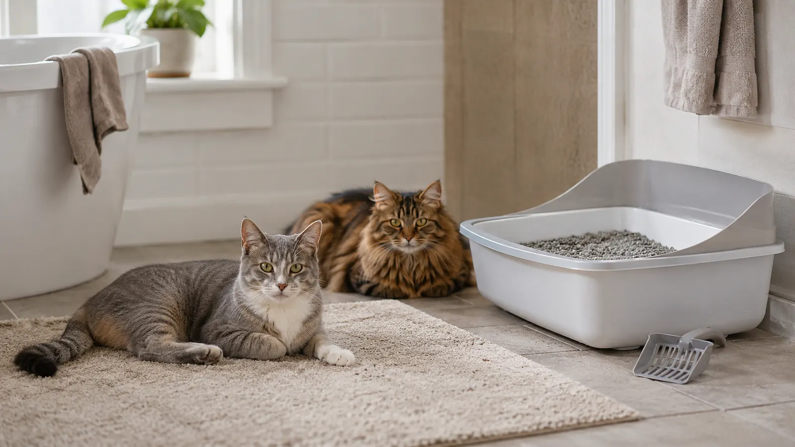 Two calm cats lounging near a freshly cleaned litter box in a bright bathroom