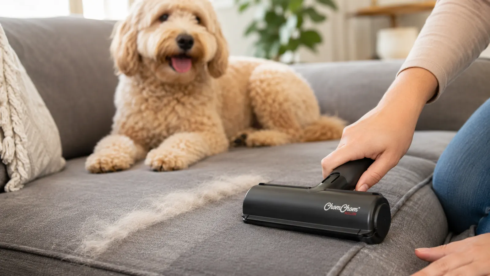 A woman's hand rolling a ChomChom Roller across a gray fabric couch cushion with a clean strip of lifted dog hair visible behind it.
