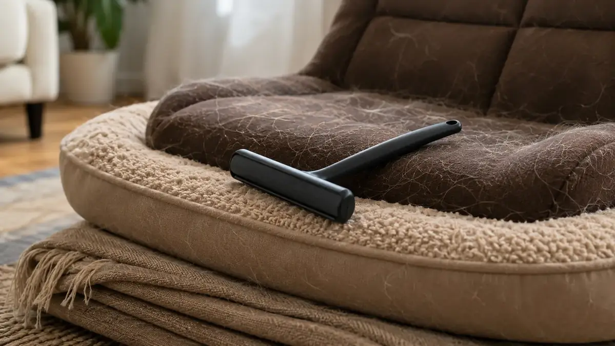 A reusable pet hair remover resting on a tidy stack of surfaces including a brown fabric car seat, a pet bed, and a folded throw blanket.