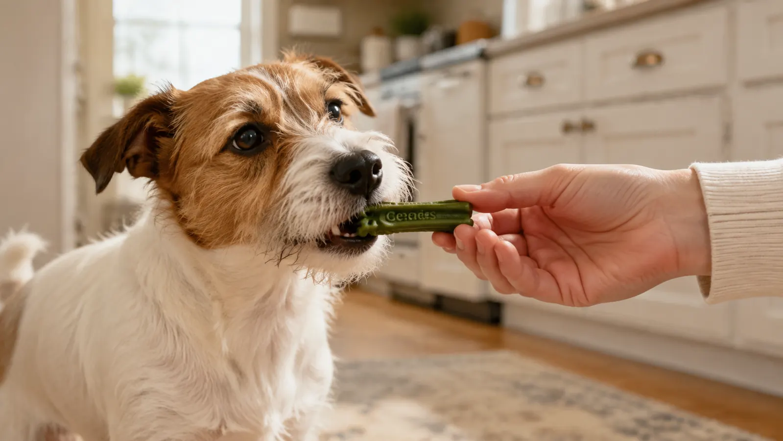 A hand offering a small green dental chew to a brown-and-white terrier who is taking it gently