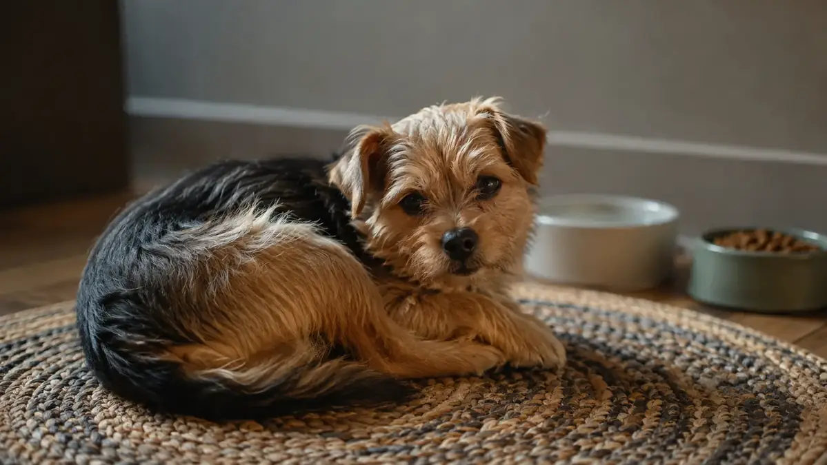 A small terrier lying content on a rug after finishing a treat, a food bowl in the background