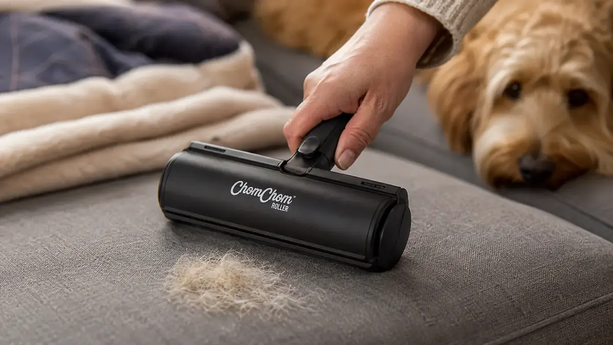 Close-up of a hand pushing the roller back and forth across a couch cushion with a neat pile of pet hair gathered at the edge
