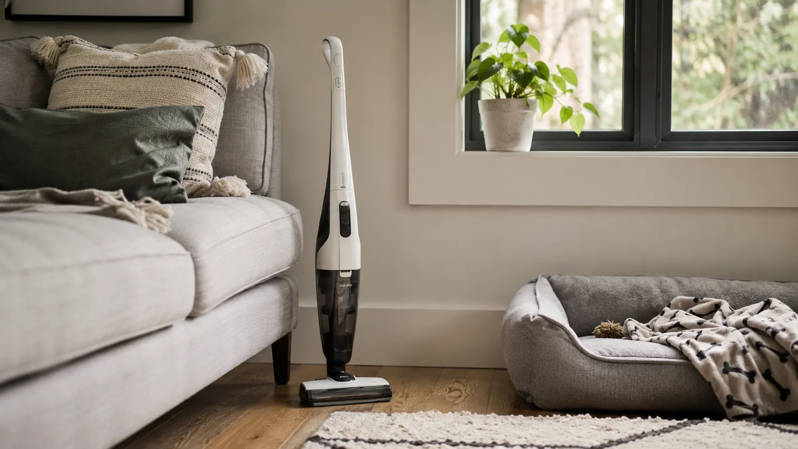 A small cordless vacuum standing beside a fabric couch in a bright room, as if paused mid-clean, with a dog bed on the floor nearby
