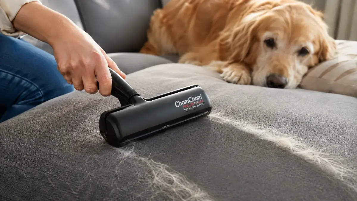 A hand rolling the black ChomChom Roller back and forth across a grey couch cushion, lifting a trail of dog hair into a neat strip