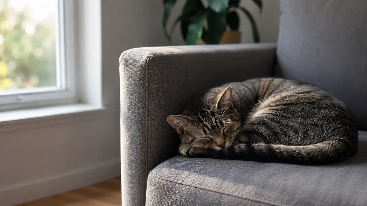 A calm grey tabby cat curled up asleep on the corner of a clean grey couch in soft morning light