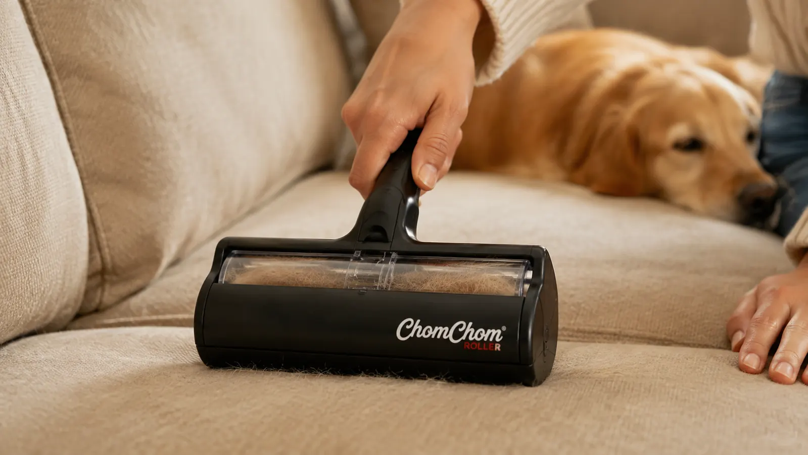 A woman's hand pushing a black ChomChom Roller down a beige couch cushion, with a tube of collected dog hair visible in the clear trap at the top