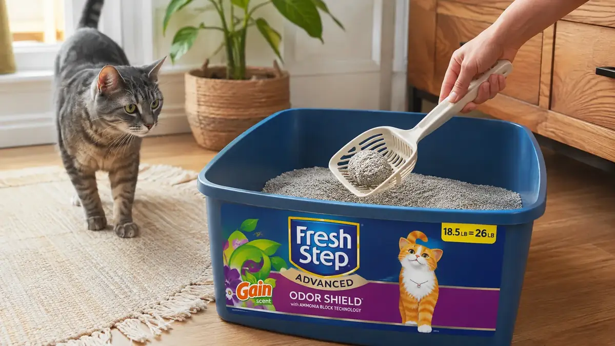 A hand with a plastic scoop lifting a single firm clump of used litter out of a box that is half filled with fresh litter