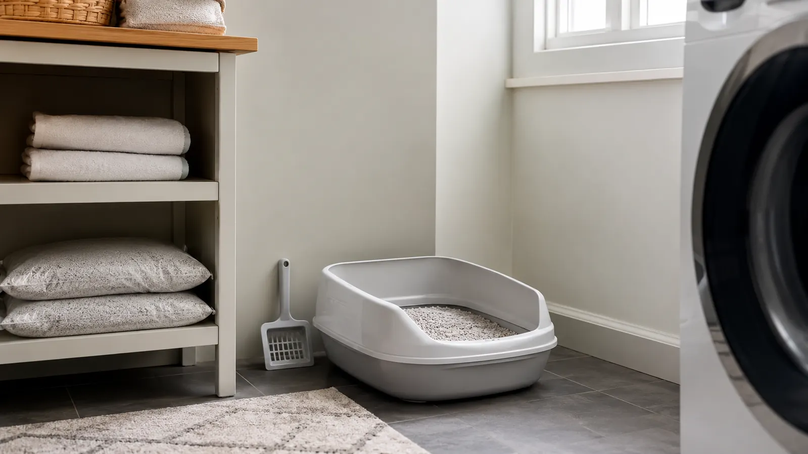 A tidy laundry-room corner with a clean uncovered litter box, a small scoop standing in the litter, and a wall shelf with spare bags