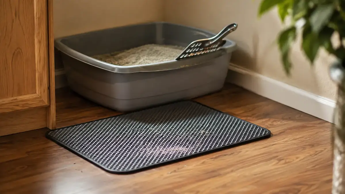 A tidy corner with a litter mat showing a few stray granules, a scoop resting on the box edge, and soft light