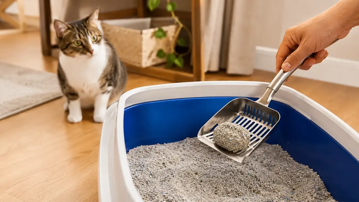 A hand holding a metal scoop lifting a firm clump of litter out of a box while a cat watches nearby