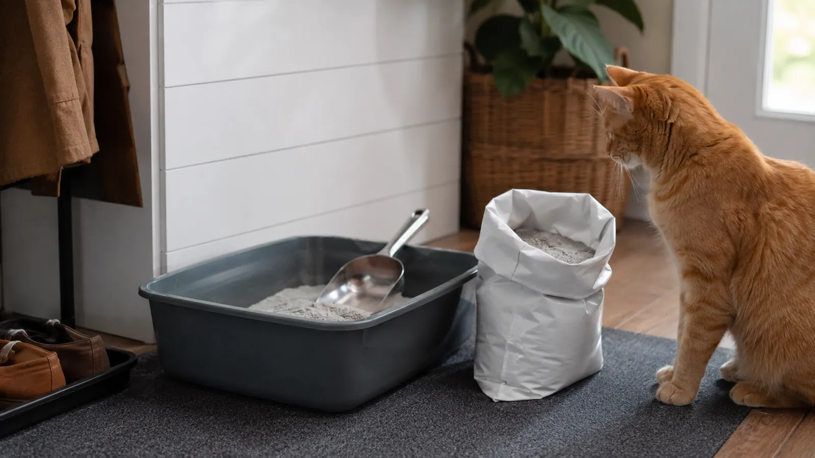 A clean scooping station with a scoop, a small bag of fresh litter, and a cat looking on in a tidy mudroom