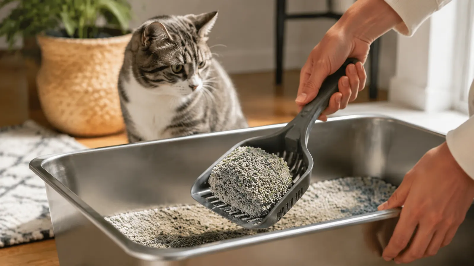 A hand scooping a firm clump of cat litter out of a stainless steel box, the clump holding its shape