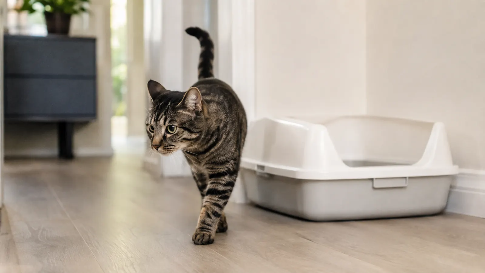 A cat walking away from a freshly cleaned litter box in a hallway, leaving a clean floor