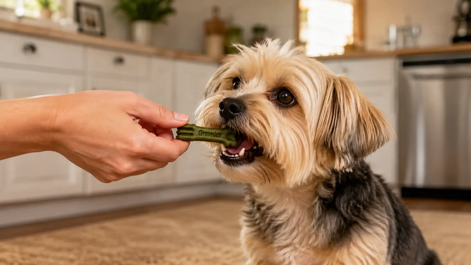 A hand holding a small green dental chew over the toothy smile of a small dog