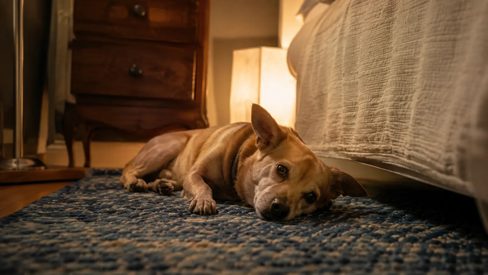 A small dog resting her chin on a blue rag rug by a bed after eating her evening treat