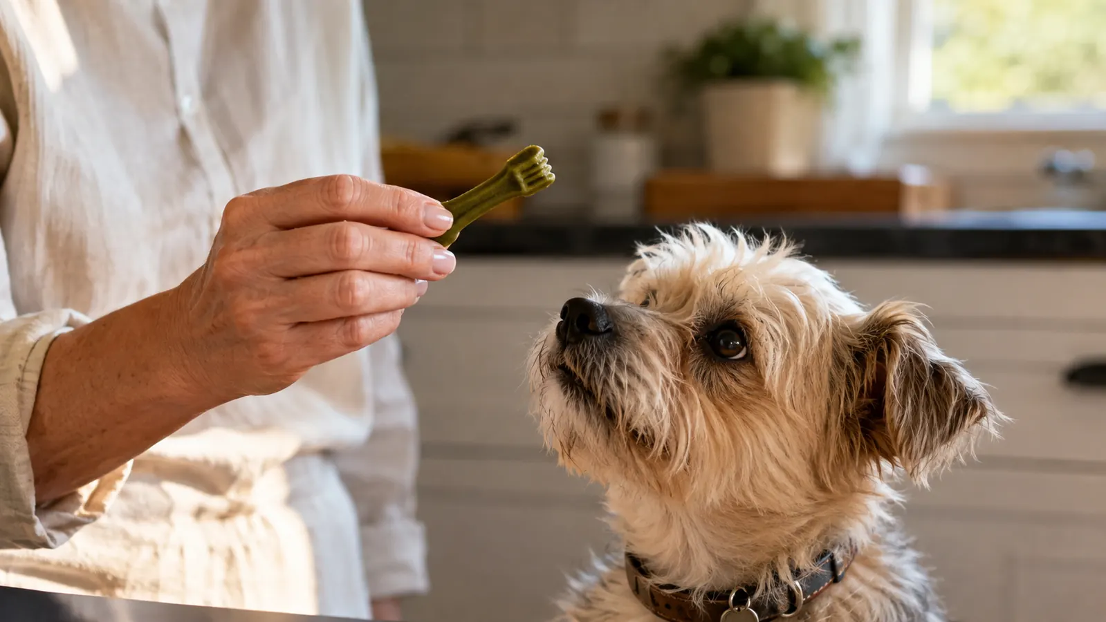 A mature woman's hand holding a green dental chew and offering it to a small dog who looks up at it expectantly