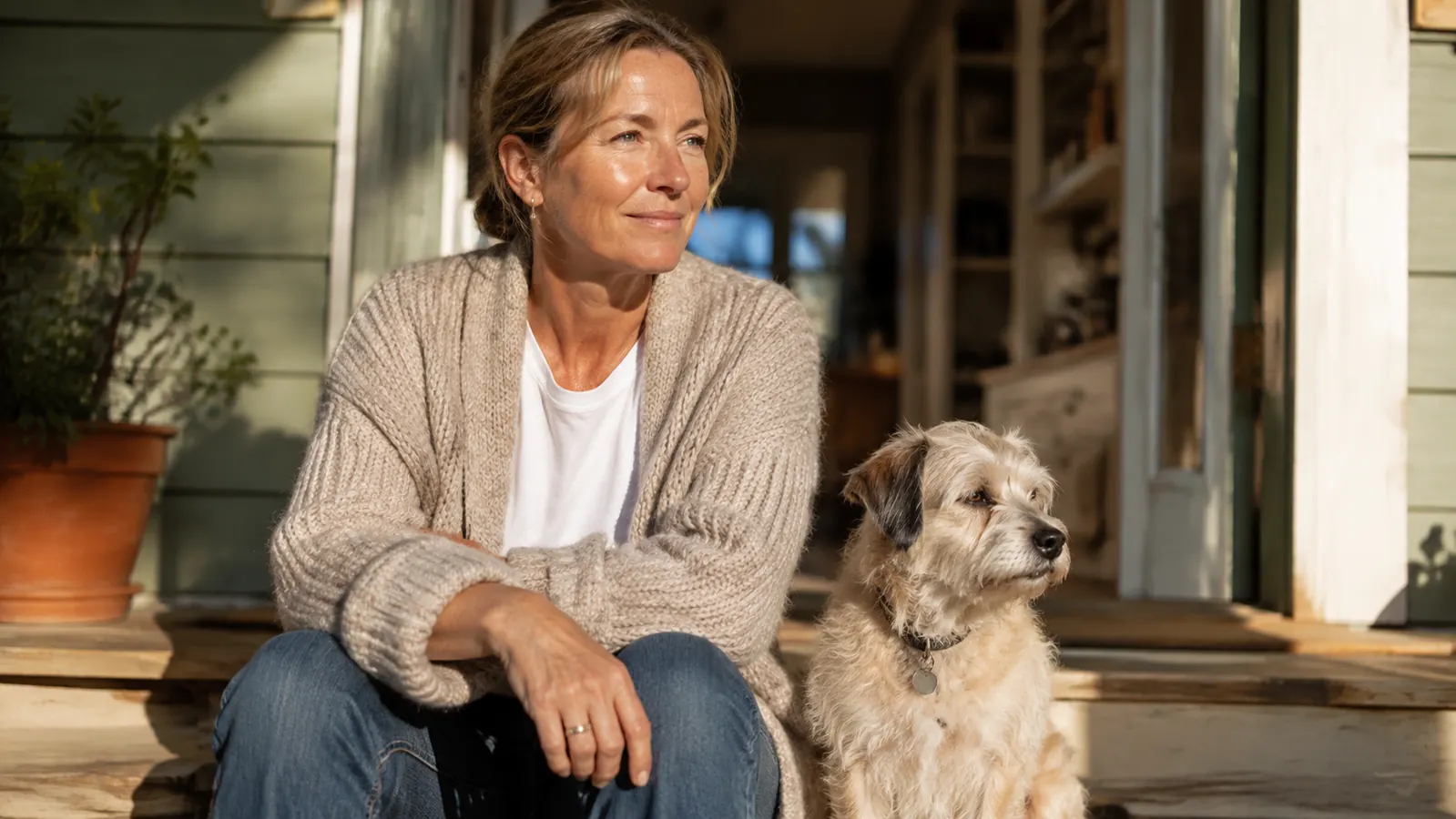 A woman in her 50s and a small terrier mix sitting together on a porch step in relaxed morning light