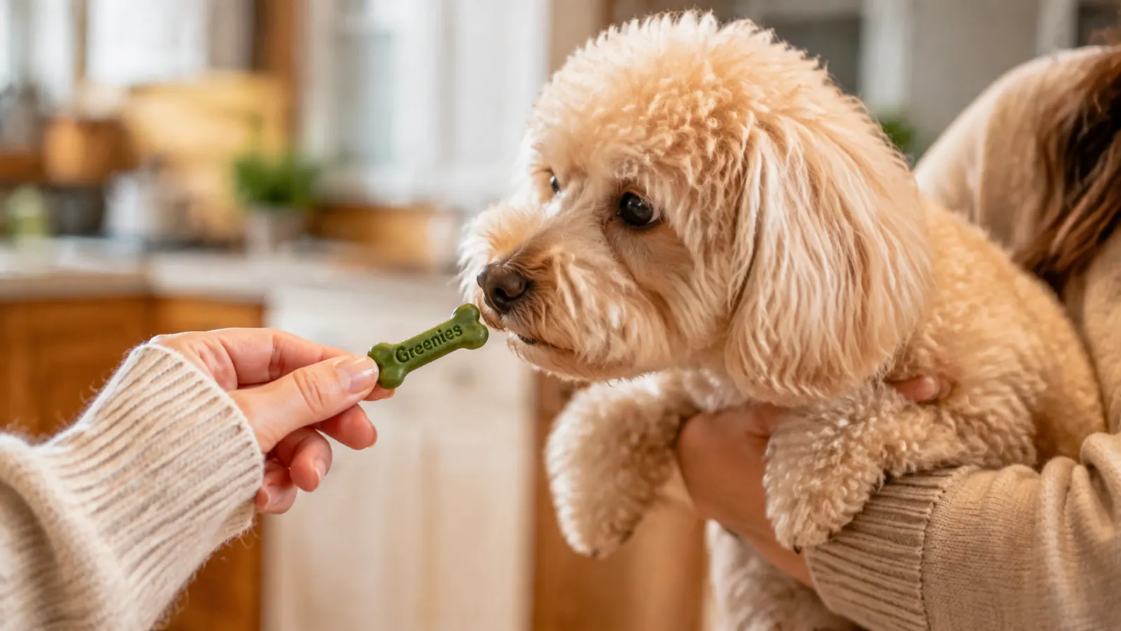 A hand offering a single green bone-shaped dental treat to a small poodle mix held at chest height