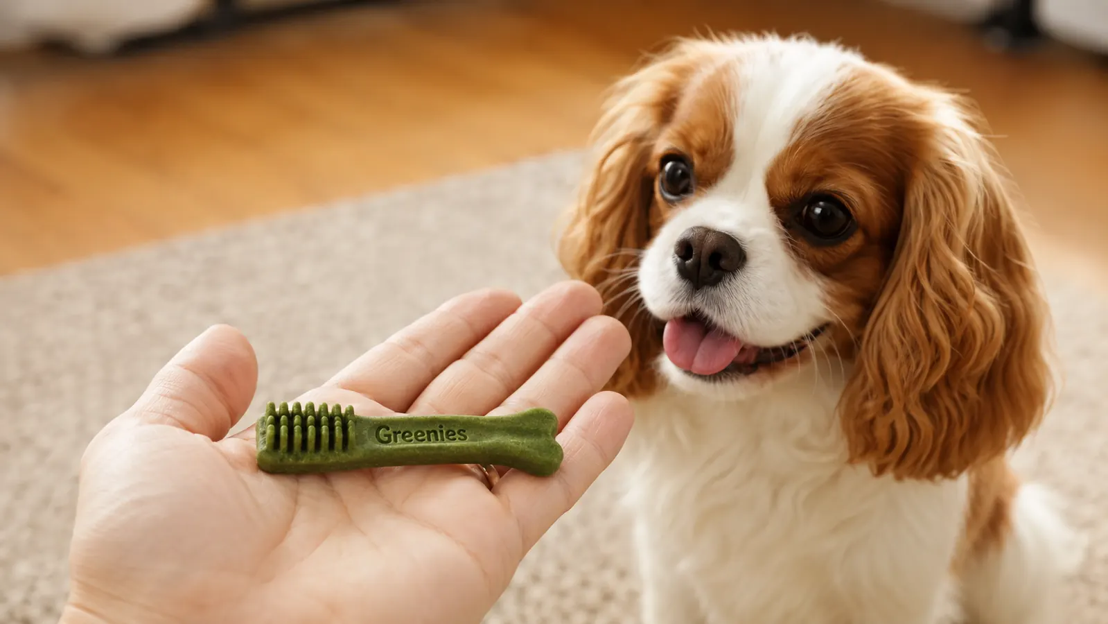 Close view of a green flexible dental chew resting on a dog's open palm before it is offered as a treat