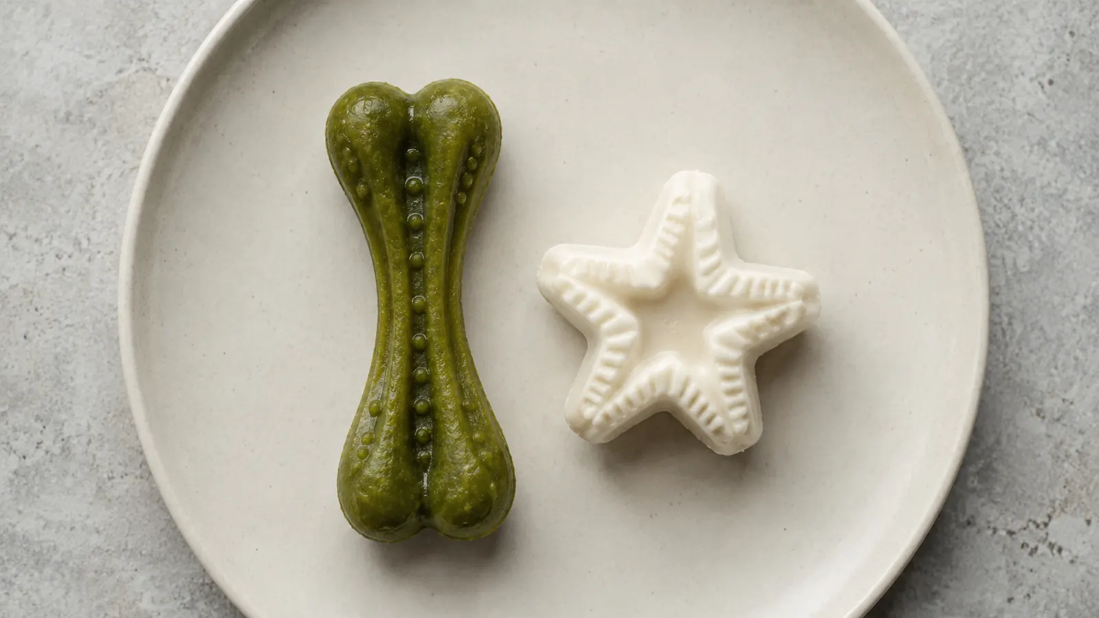 Two dental treats side by side on a small plate so the texture difference is visible, one soft green chew and one harder white star chew