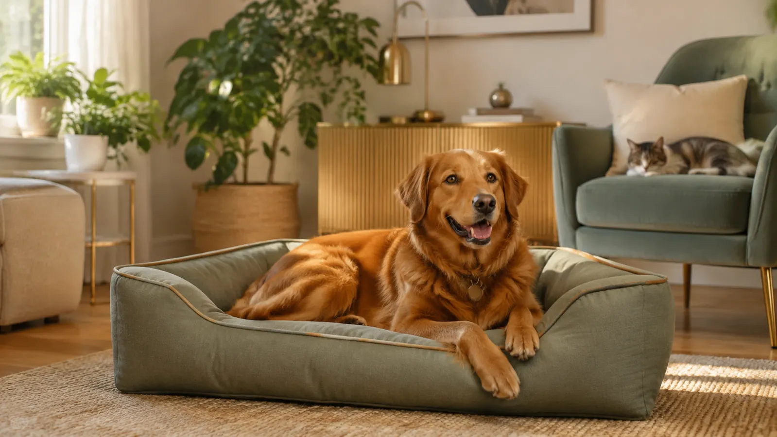 A dog resting on an orthopedic bed in a sunlit living room with a cat nearby