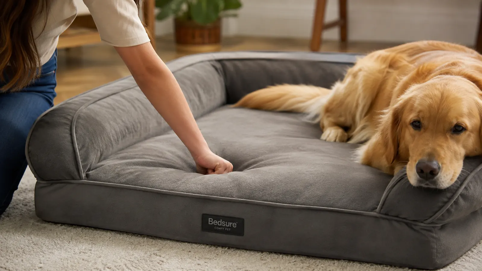 A woman's hand pressing her knuckles into dense grey memory foam inside an orthopedic dog bed to show how much it supports and how little it sinks