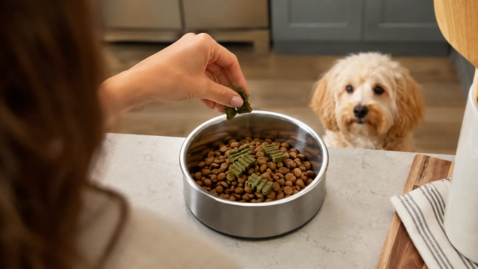 A hand sprinkling small green dental chews on top of kibble in a stainless steel dog bowl on a kitchen counter