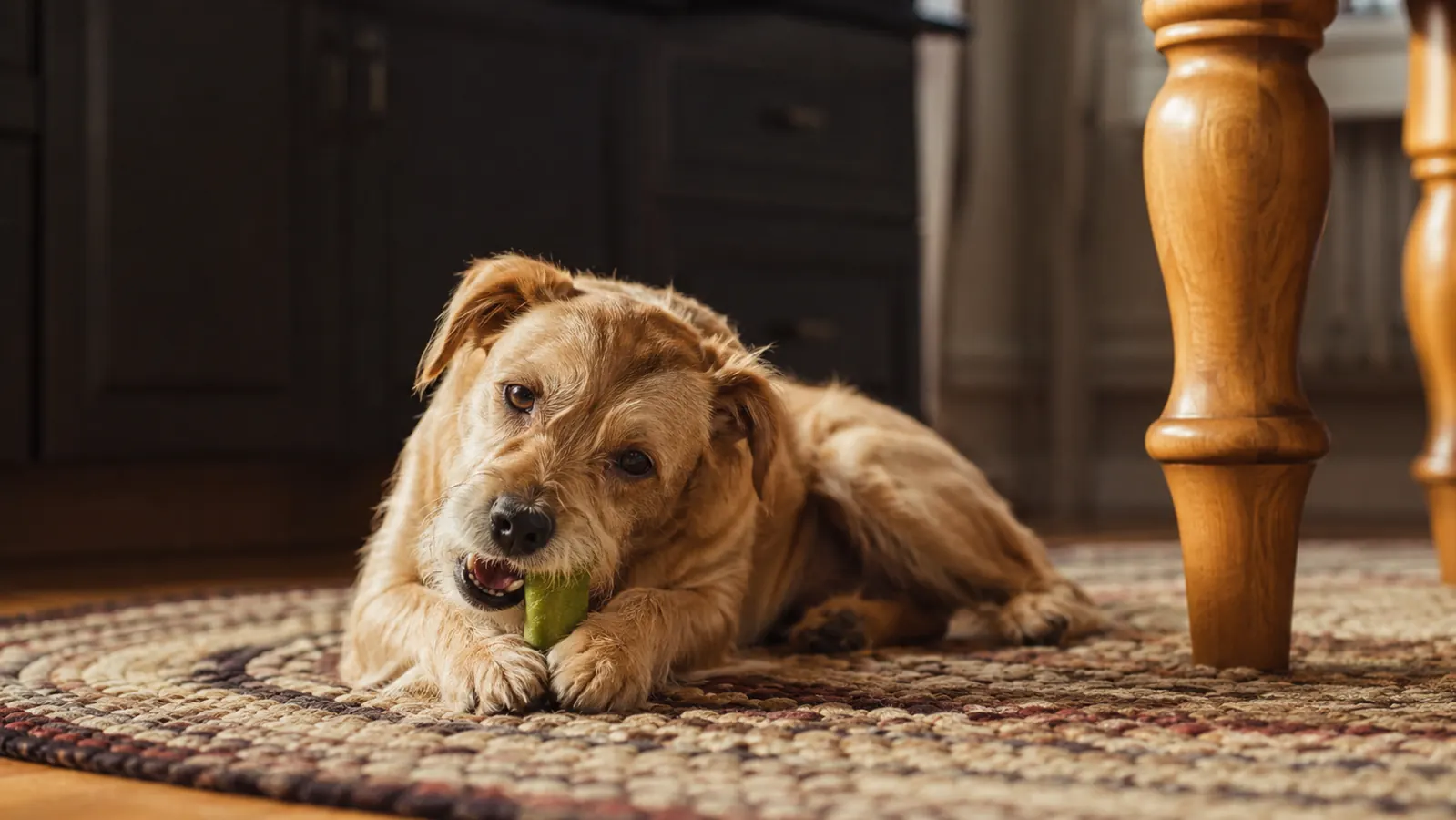 A small brown terrier lying on a braided rug beside a wooden kitchen table, contentedly chewing a treat