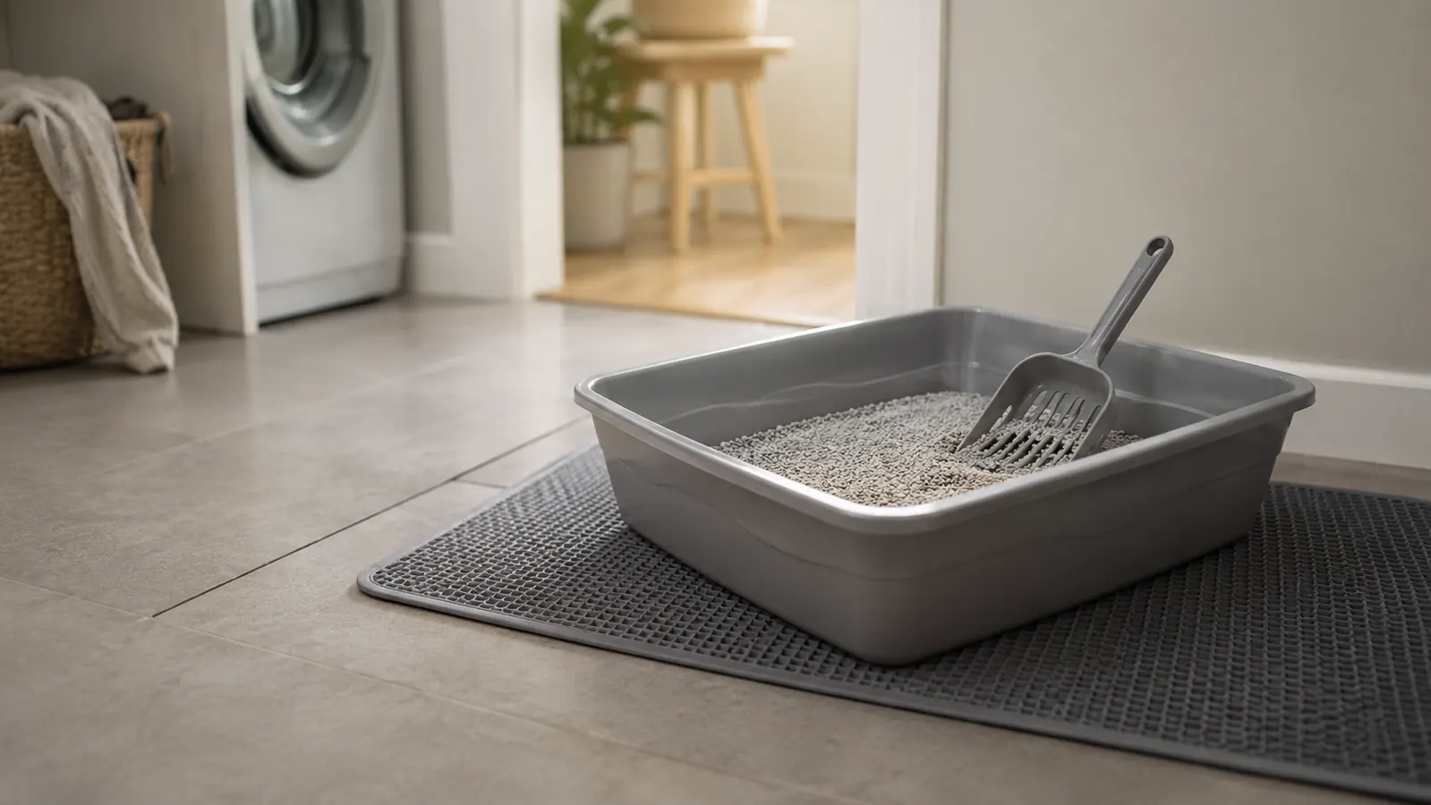 An open box of clumping cat litter with a scoop resting in it, sitting on a washable mat in a corner