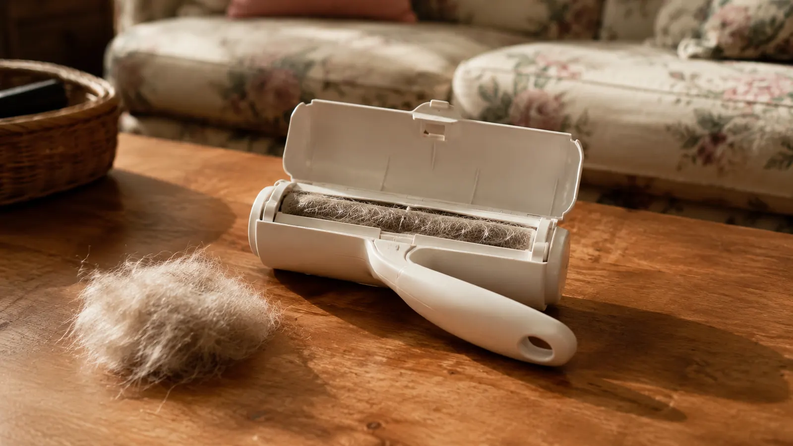 A small pile of dog fur sitting in the open tray of a black roller on a wooden coffee table, the couch dimly visible behind it in a warm living room