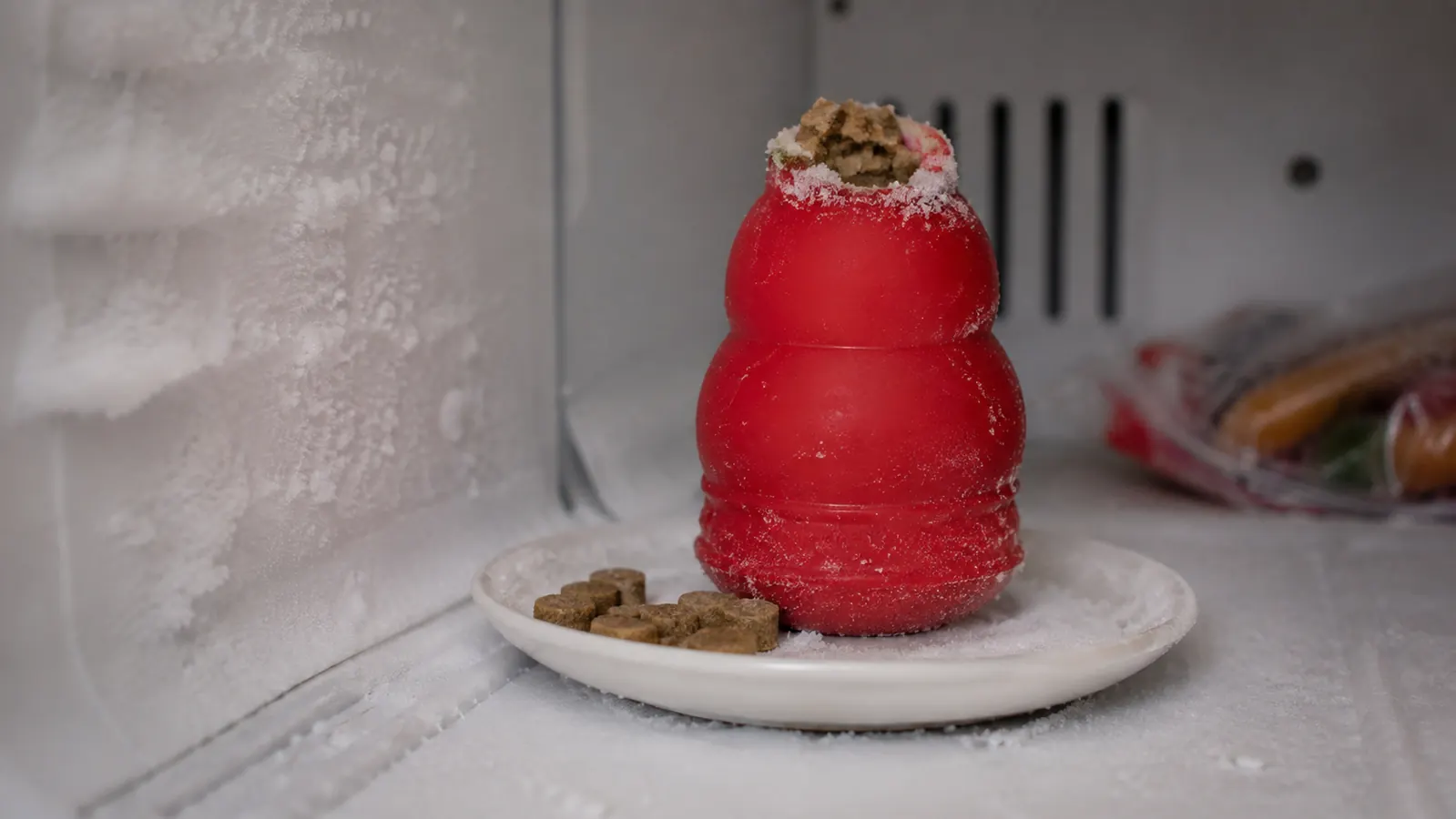 A red KONG toy packed full and standing upright on a small plate beside a few round treats in the freezer