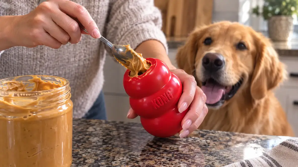A woman's hand packing peanut butter into the hollow center of a red KONG Classic toy at a kitchen counter
