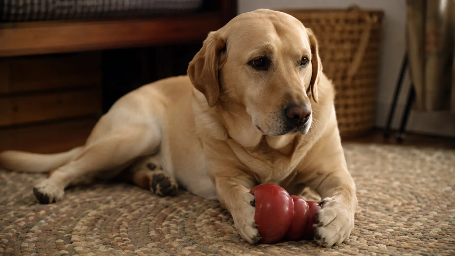 A yellow Lab lying on a rug with a red KONG toy between his front paws, quiet and focused