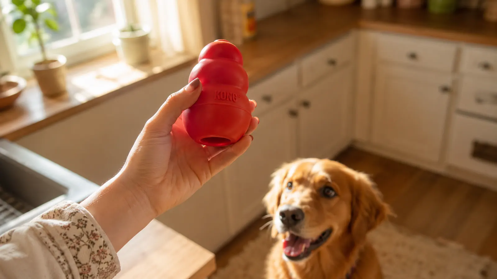 A woman's hand holding a single red rubber KONG Classic toy up in front of a kitchen window while the dog watches