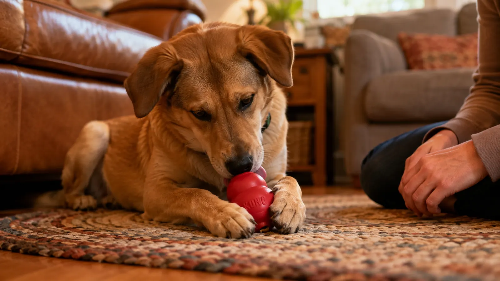 A dog lying on a rug working a red rubber KONG toy held between his front paws, focused and content