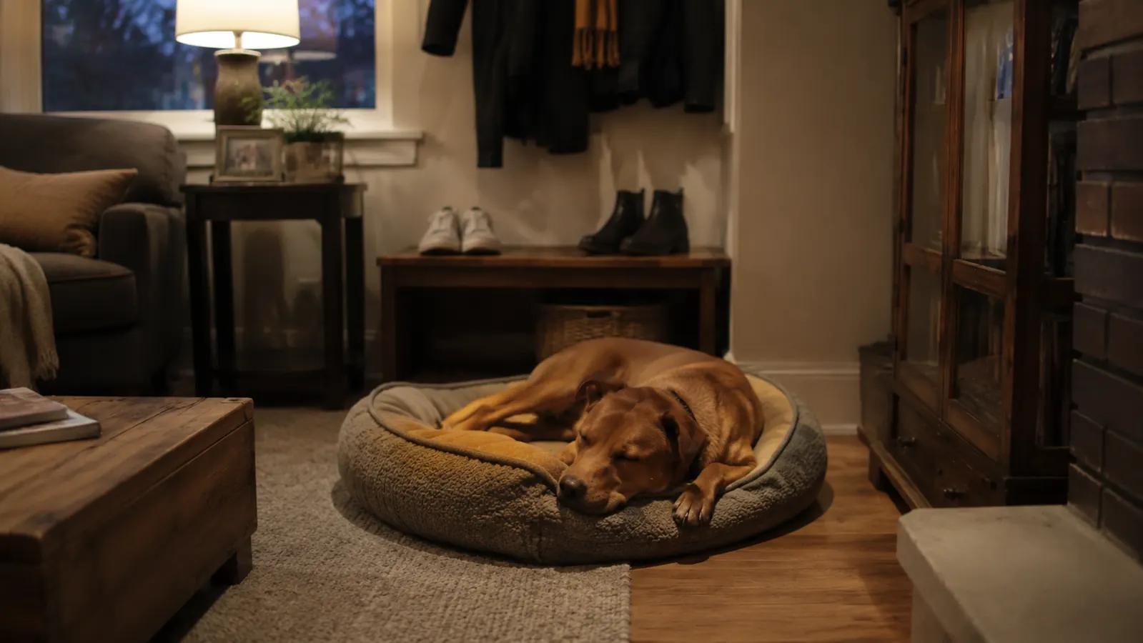 A calm living room with a dog asleep on his bed, shoes and furniture intact, gentle evening light