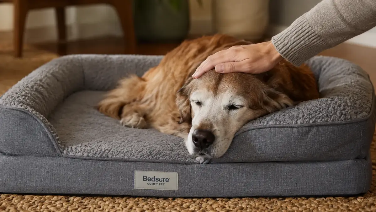 A hand gently patting an older dog resting on a foam dog bed with raised sides