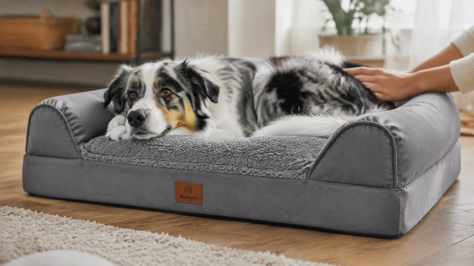 A dog settling into a large grey orthopedic dog bed with raised cushion sides, lying comfortably on the foam support