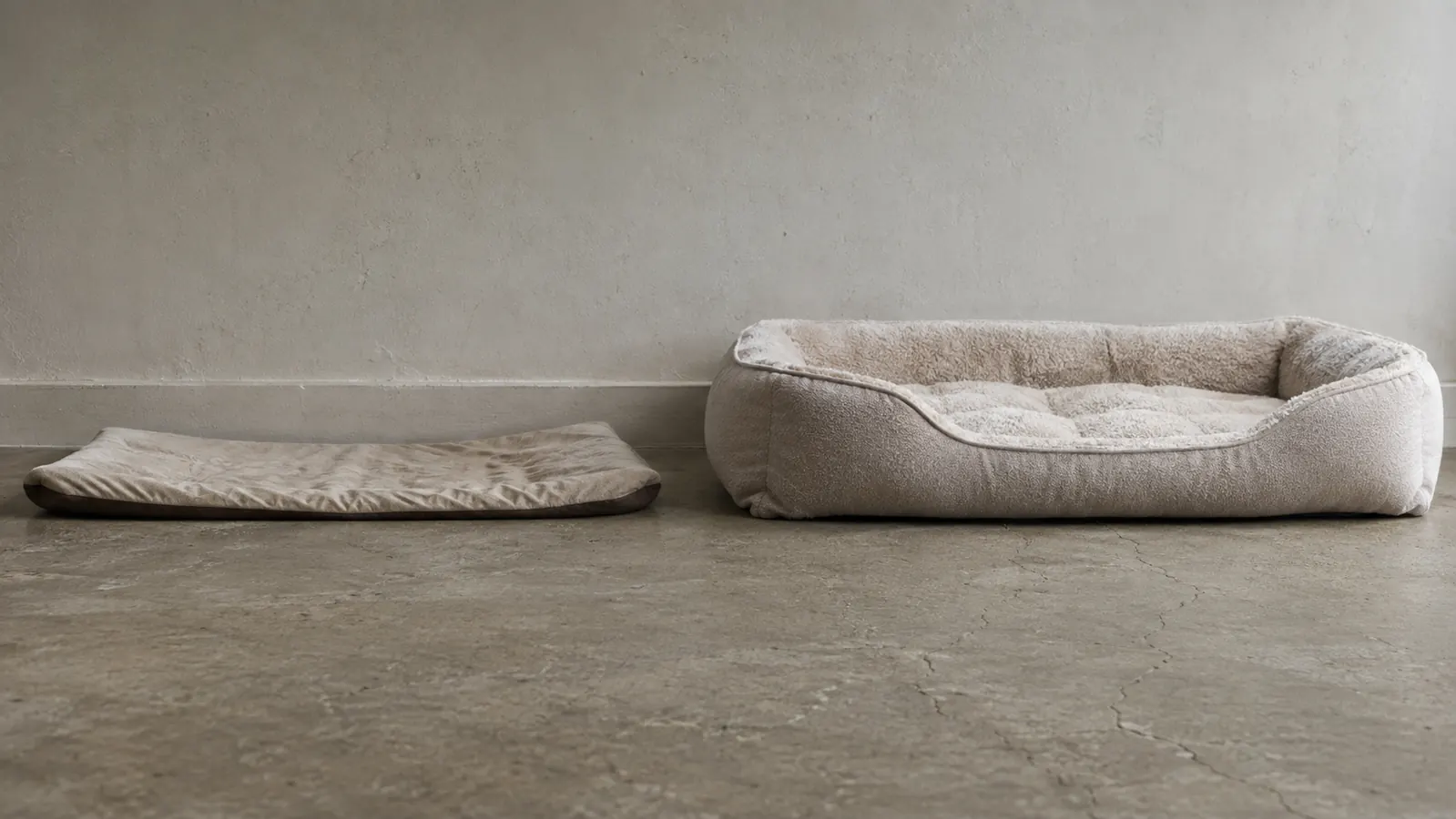 Two dog beds side by side, one flat and hollowed out on the left and one thick and cushioned on the right, to show the difference in support