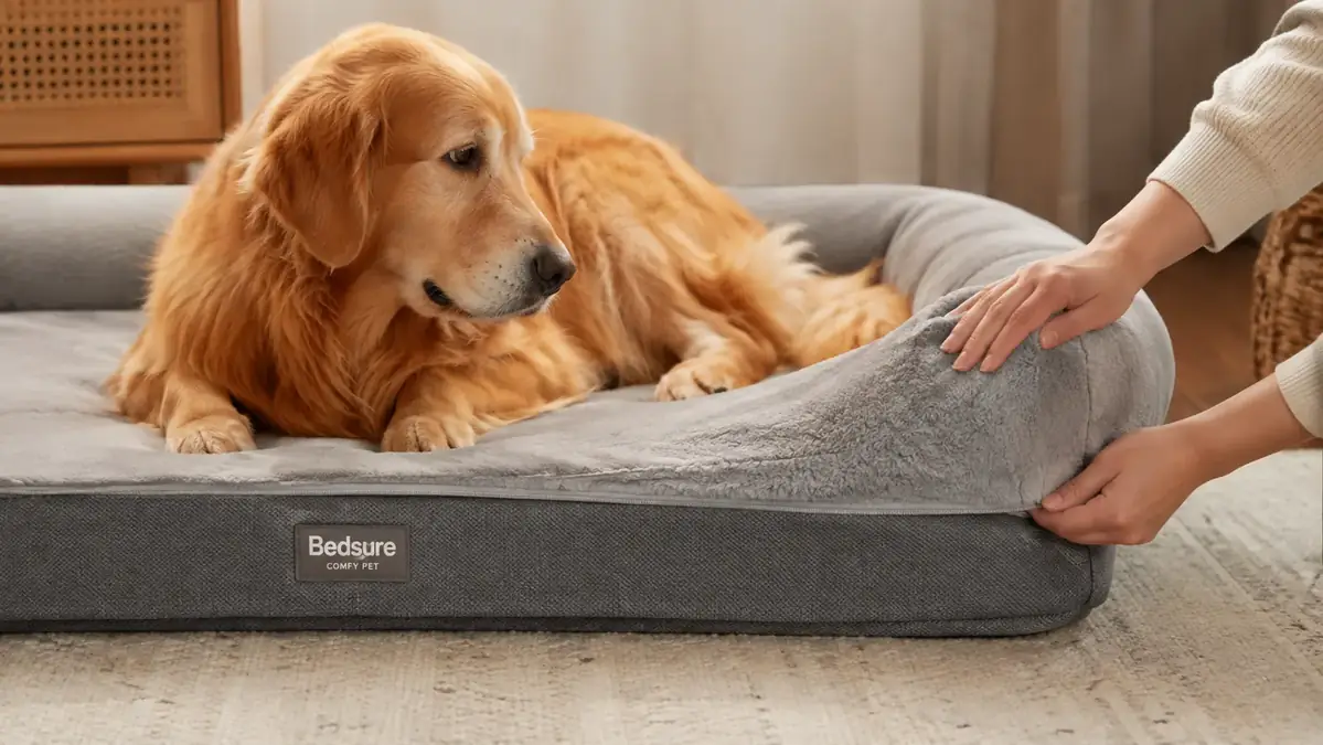 A person's hand smoothing the removable grey cover of a large orthopedic dog bed while the dog watches