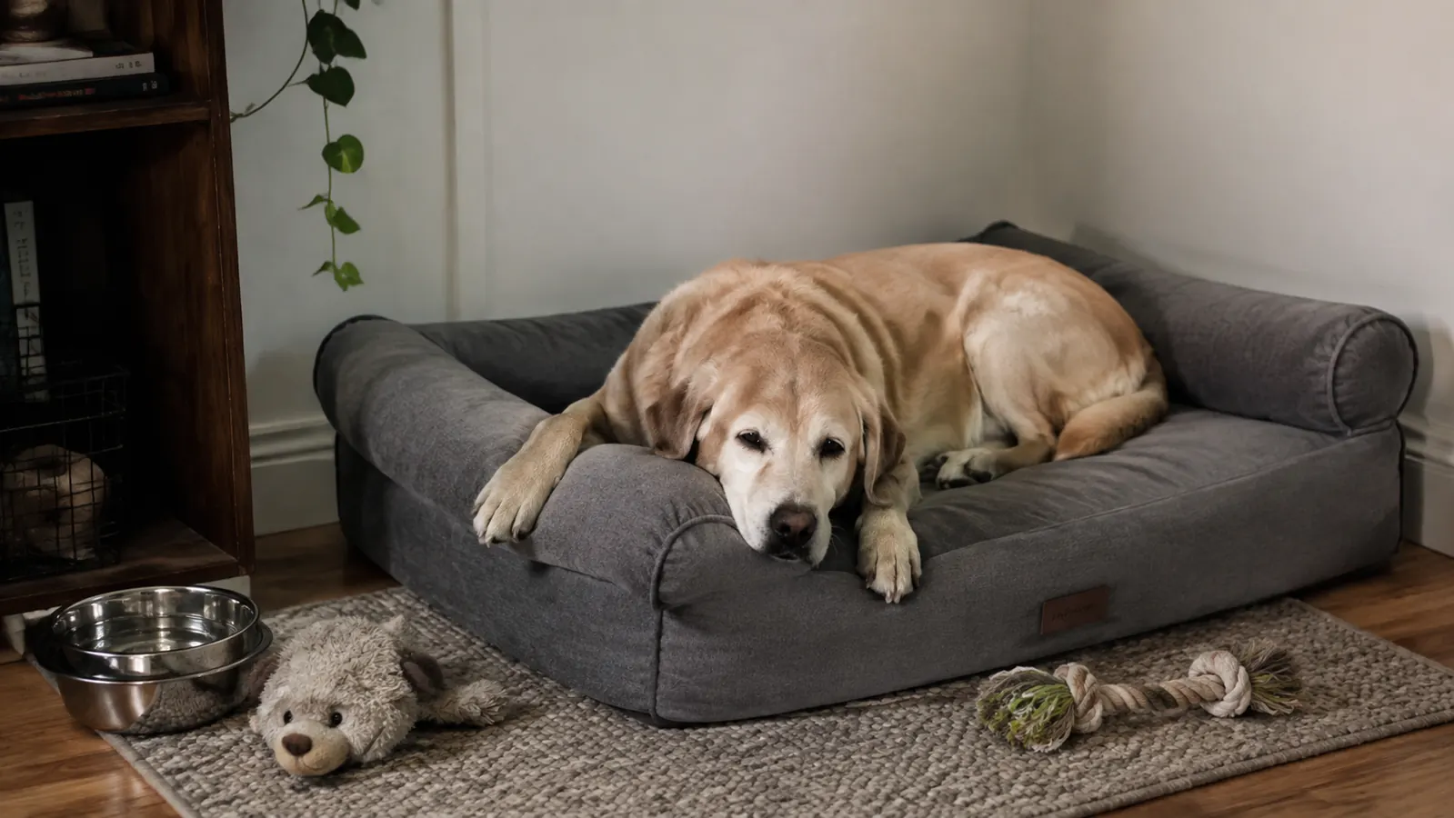 An older dog lying on its orthopedic bed in the corner of a cozy living room, bowl of water nearby