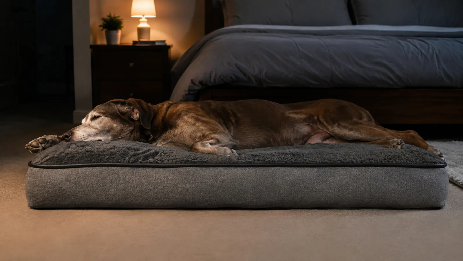 A senior dog lying peacefully stretched out on a wide orthopedic bed at the foot of a bed at night